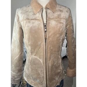 vintage Y2K-style suede leather jacket featuring a sherpa or faux fur lining